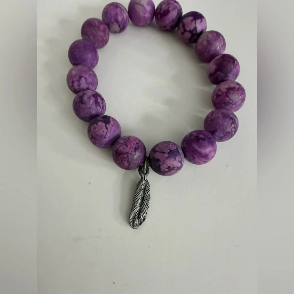 Purple Beaded Bracelet with Feather Charm